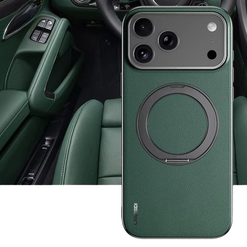 Luxury iPhone Case — Magnetic Leather Ring Holder with Lens Protection Premium Back Cover