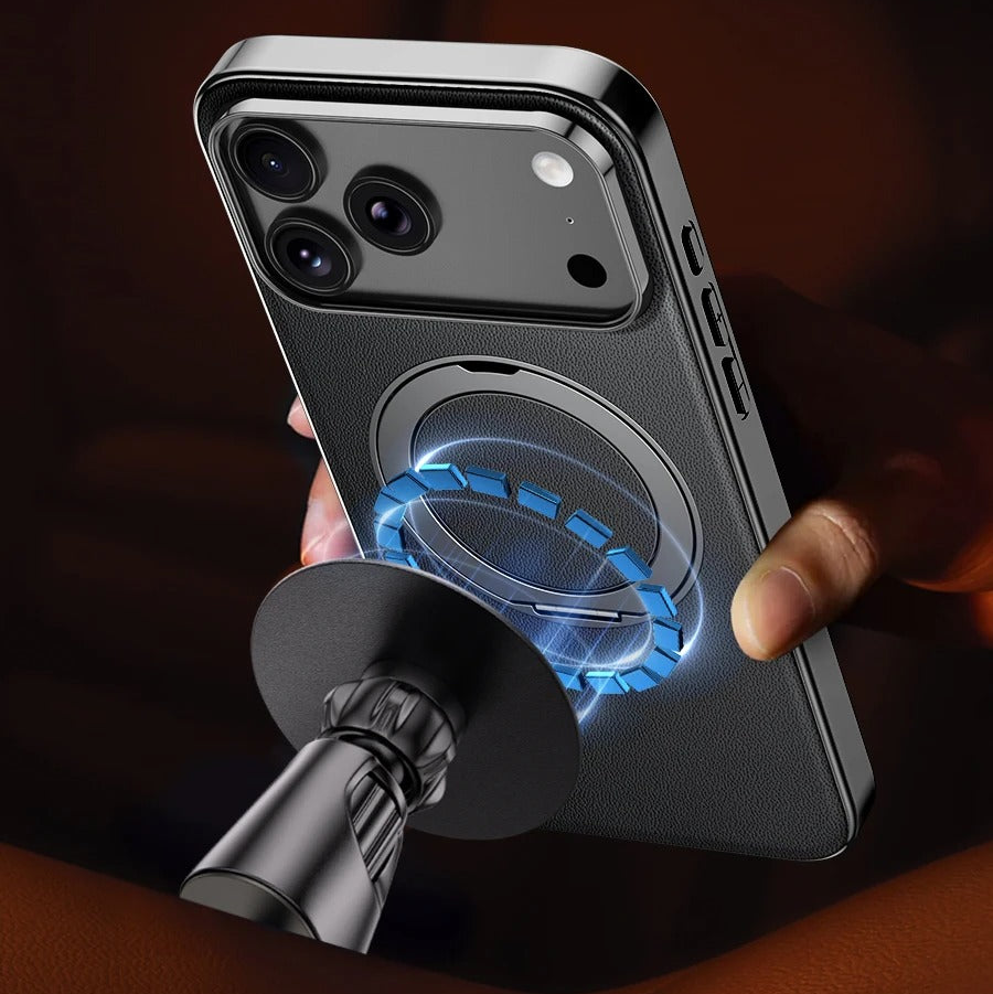 Luxury iPhone Case — Magnetic Leather Ring Holder with Lens Protection Premium Back Cover
