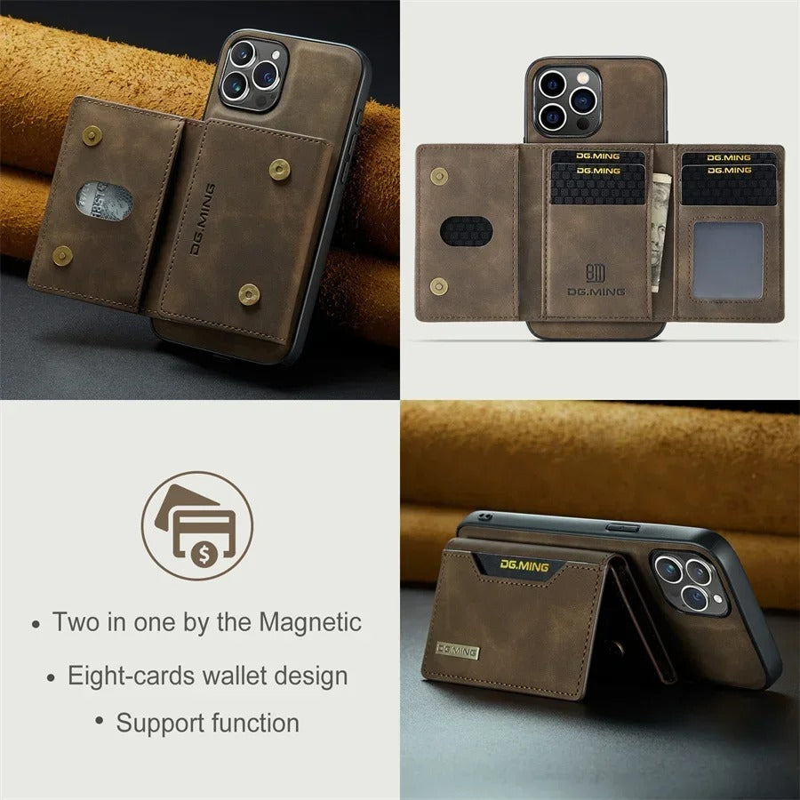 Luxury iPhone Case — Magnetic Leather Wallet Cover with Kickstand, Card & Money Holder, Half-Wrapped Protective Design