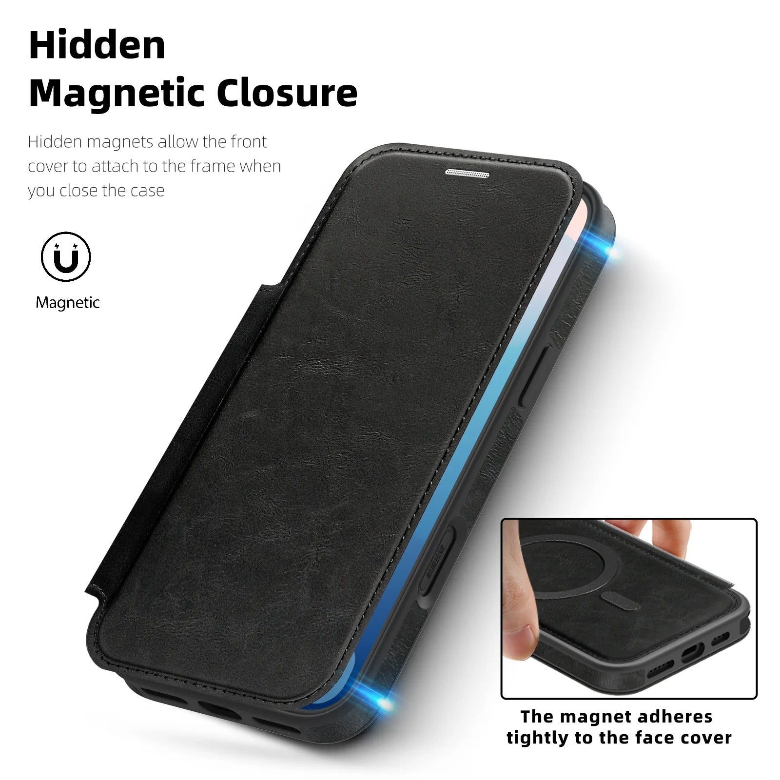 Luxury iPhone Case — Magnetic RFID-Blocking Flip Leather Wallet Cover with Kickstand, Card Storage, Shockproof Dual-Layer Protection and Wireless-Charging Compatibility