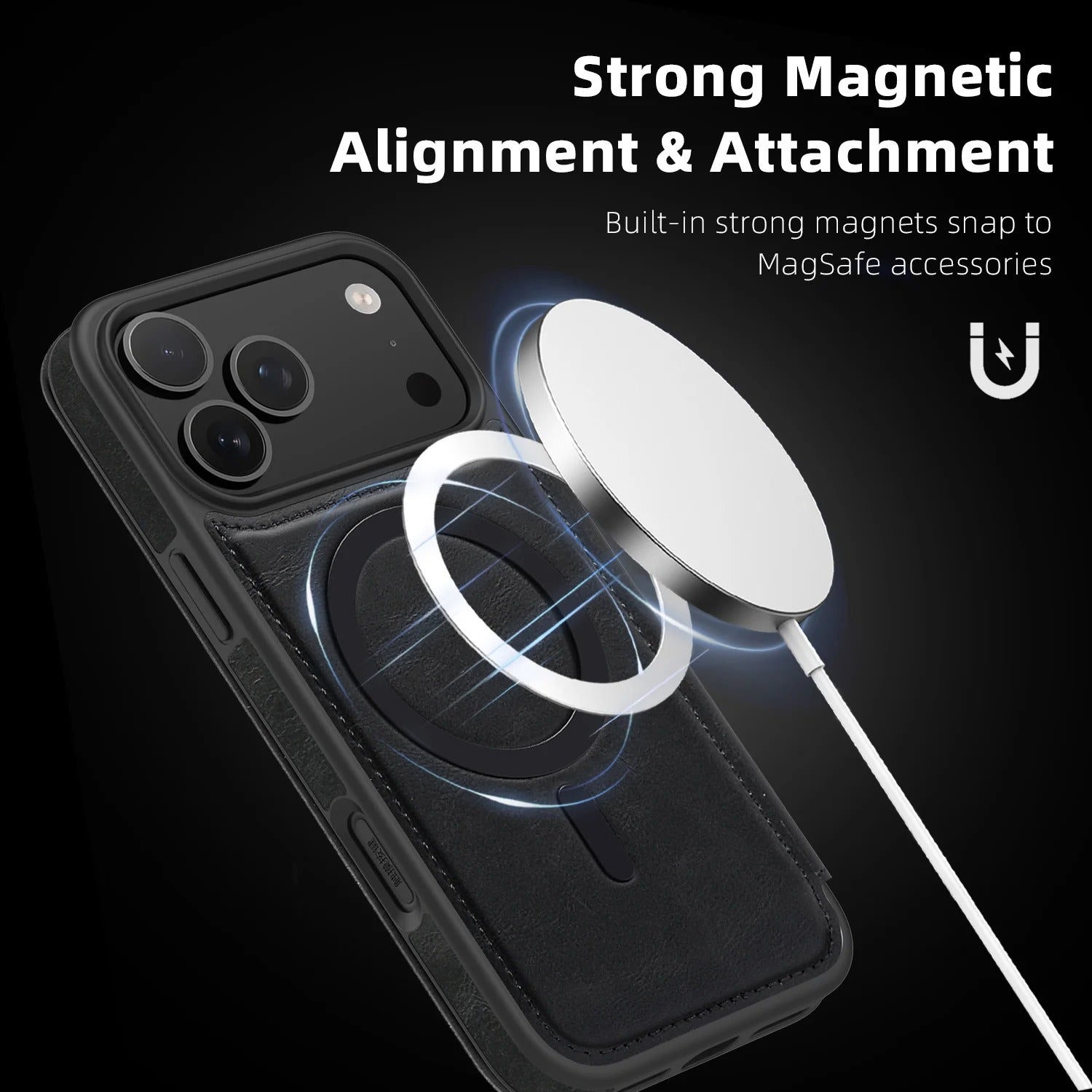 Luxury iPhone Case — Magnetic RFID-Blocking Flip Leather Wallet Cover with Kickstand, Card Storage, Shockproof Dual-Layer Protection and Wireless-Charging Compatibility