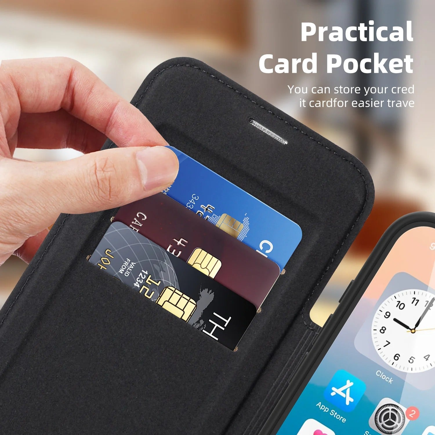 Luxury iPhone Case — Magnetic RFID-Blocking Flip Leather Wallet Cover with Kickstand, Card Storage, Shockproof Dual-Layer Protection and Wireless-Charging Compatibility