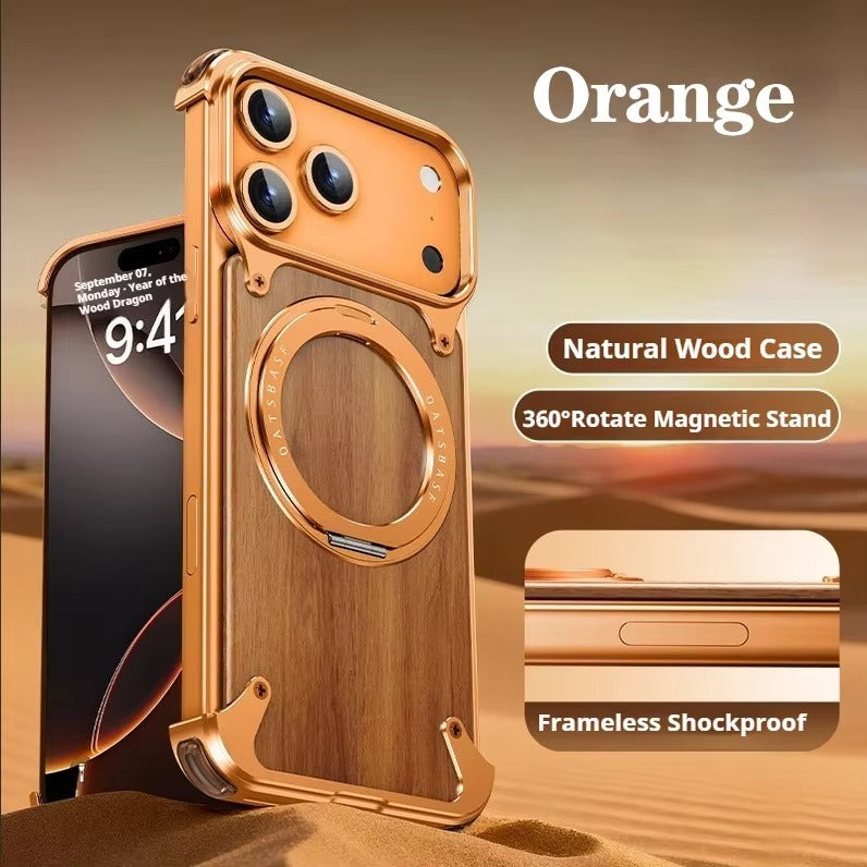 Luxury iPhone Case — Magnetic Solid Wood Cover with 360° Rotating Ring Stand, Aluminum Frame, Shock-Absorbing Lightweight Non-Slip Design