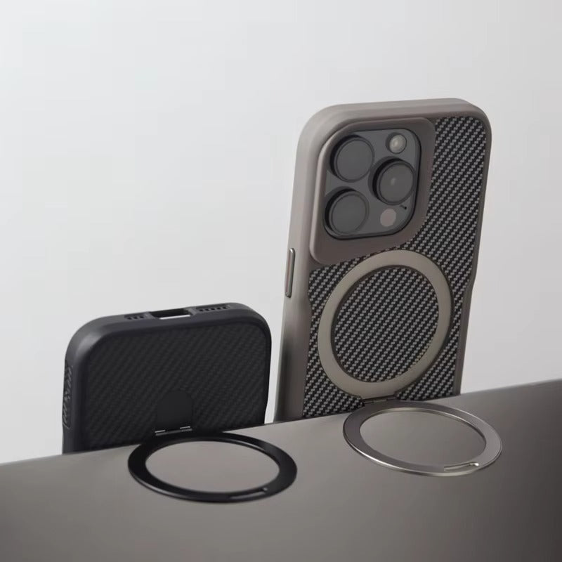 Luxury iPhone Case — Magnetic, Shockproof Matte Carbon Fiber Armor Cover with Built-In Bracket Stand and MagSafe Holder Support