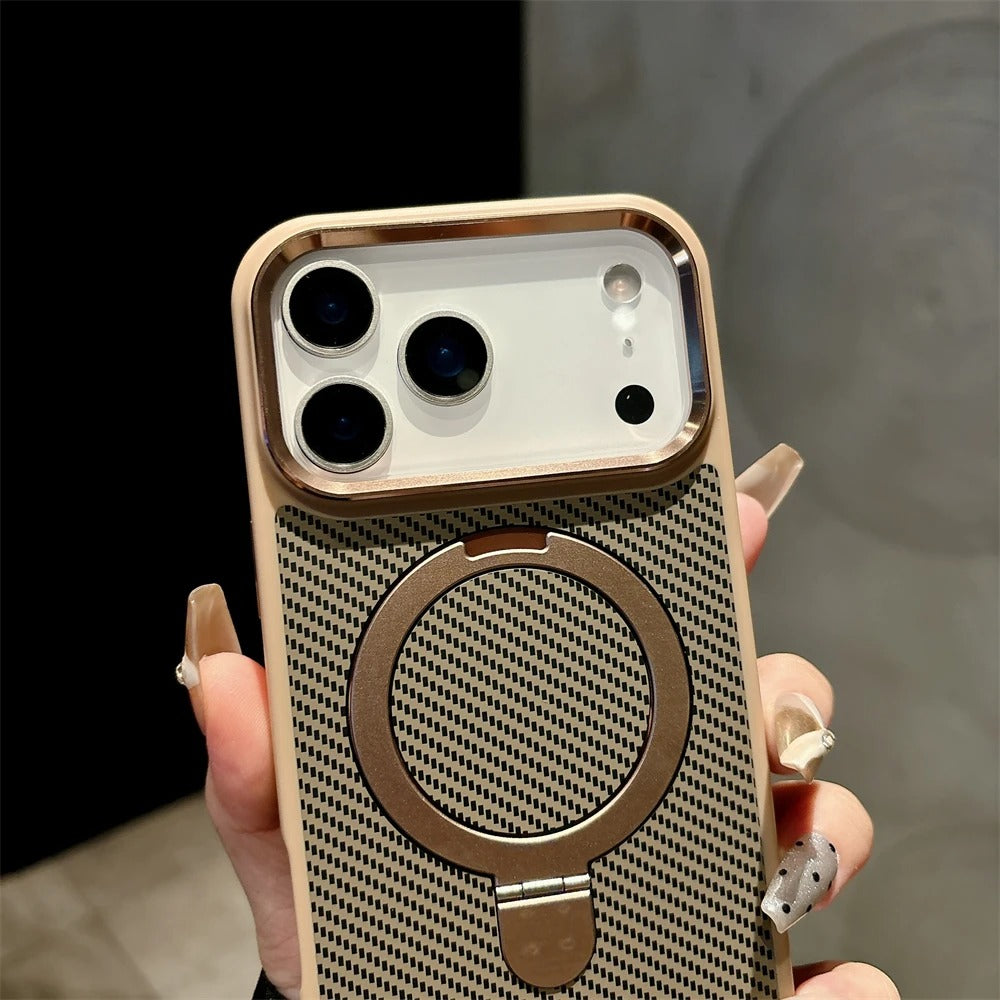 Luxury iPhone Case — Magnetic, Shockproof Matte Carbon Fiber Armor Cover with Built-In Bracket Stand and MagSafe Holder Support