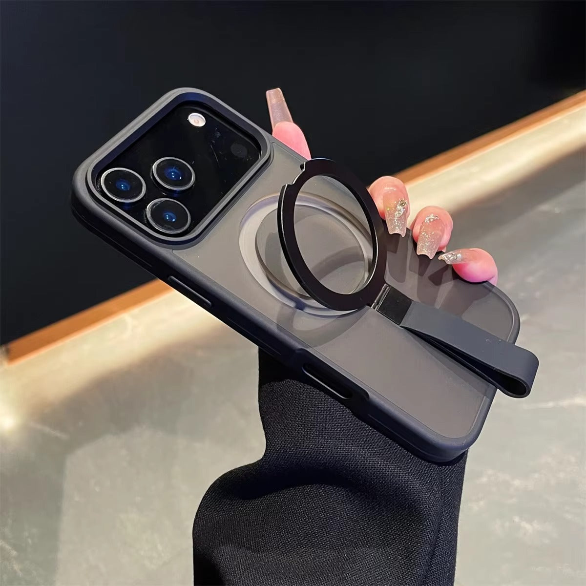 Luxury iPhone Case — Matte Transparent MagSafe Cover with Wrist Strap Holder, Shockproof TPU+PC Protection and Anti-Fingerprint Scratch-Resistant Design