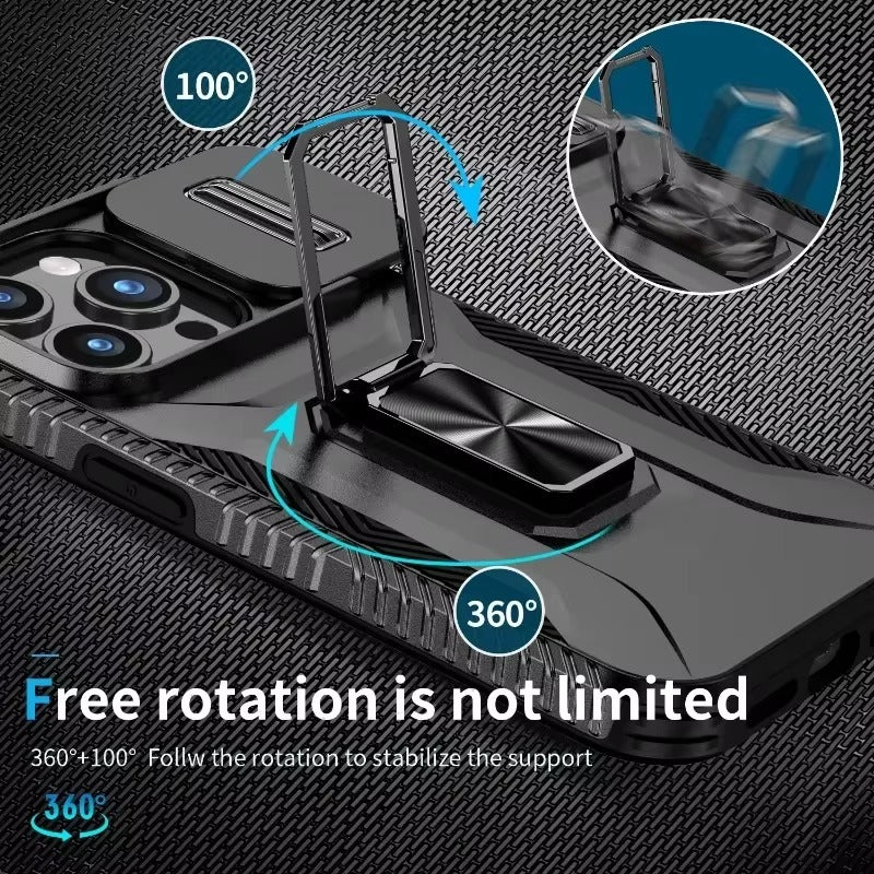 Luxury iPhone Case — Military-Grade Shockproof Anti-Slip Cover with Slide Camera Lens Protection & Rotary Stand
