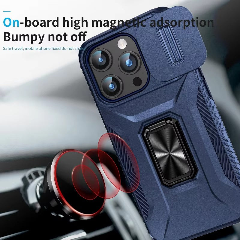 Luxury iPhone Case — Military-Grade Shockproof Anti-Slip Cover with Slide Camera Lens Protection & Rotary Stand