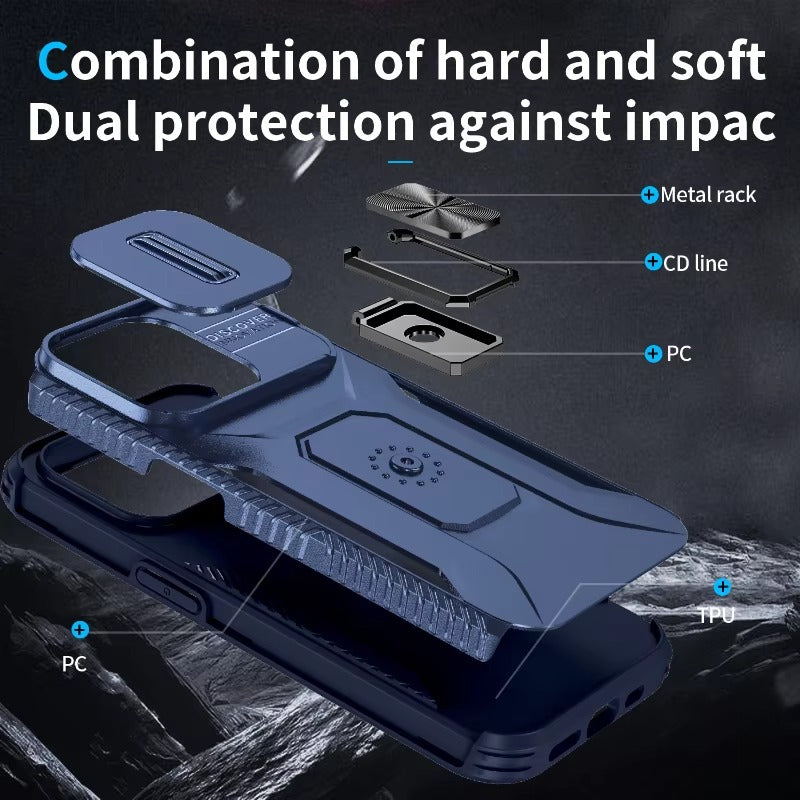 Luxury iPhone Case — Military-Grade Shockproof Anti-Slip Cover with Slide Camera Lens Protection & Rotary Stand