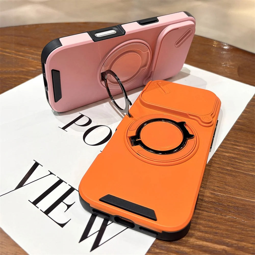 Luxury iPhone Case — Military Armor Magnetic Ring Cover with 360° Rotating Folding Stand, Full Lens Protection & Dual-Layer Shockproof Design