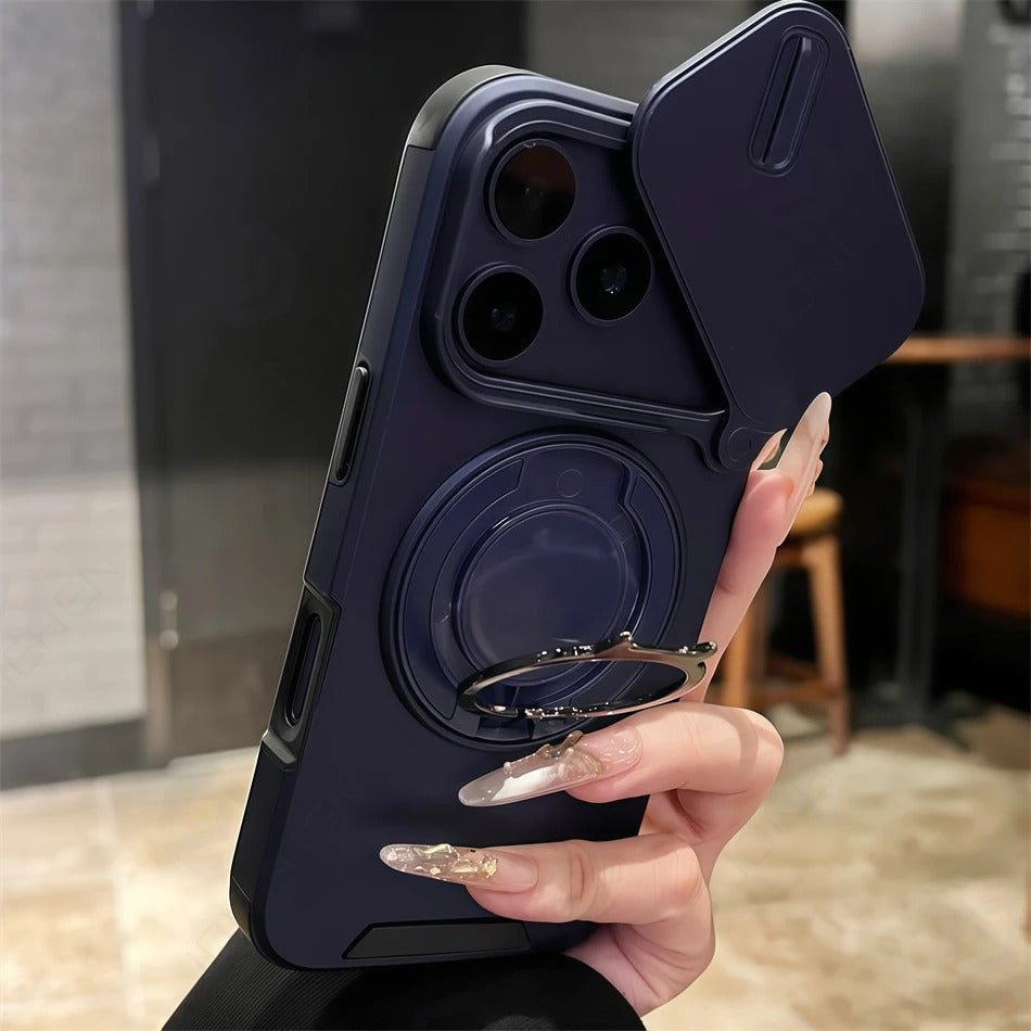 Luxury iPhone Case — Military Armor Magnetic Ring Cover with 360° Rotating Folding Stand, Full Lens Protection & Dual-Layer Shockproof Design