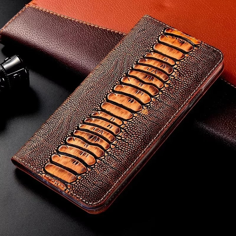 Luxury iPhone Case — Ostrich Foot Genuine Leather Cover, Magnetic Wallet with Card Pocket, Kickstand Function, Water-Resistant Design