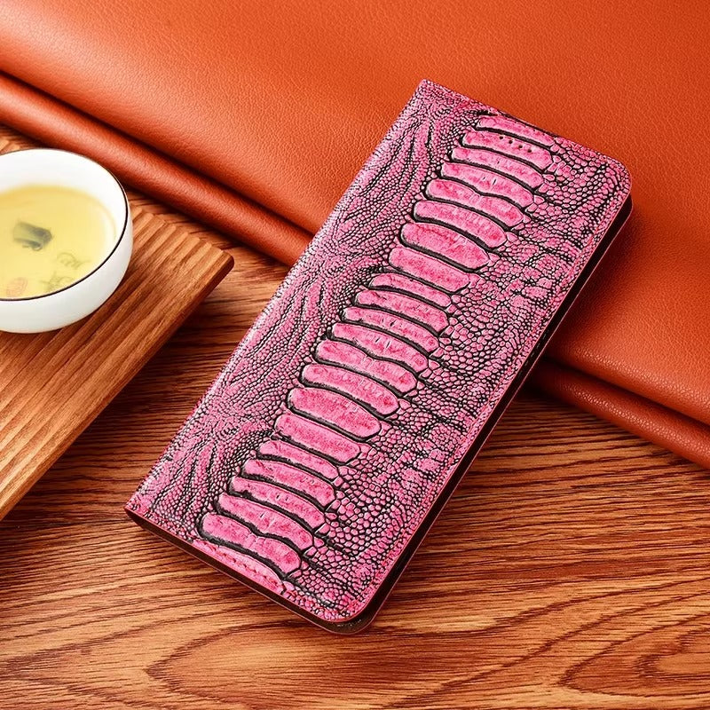 Luxury iPhone Case — Ostrich Foot Genuine Leather Cover, Magnetic Wallet with Card Pocket, Kickstand Function, Water-Resistant Design