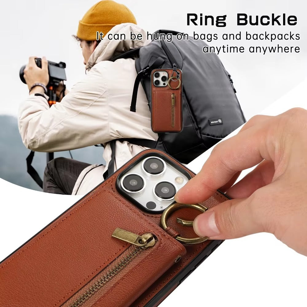 Luxury iPhone Case — PU Leather Crossbody Zipper Wallet Cover with Ring Holder, Card Slot Storage and Anti-Fingerprint Shockproof Protection