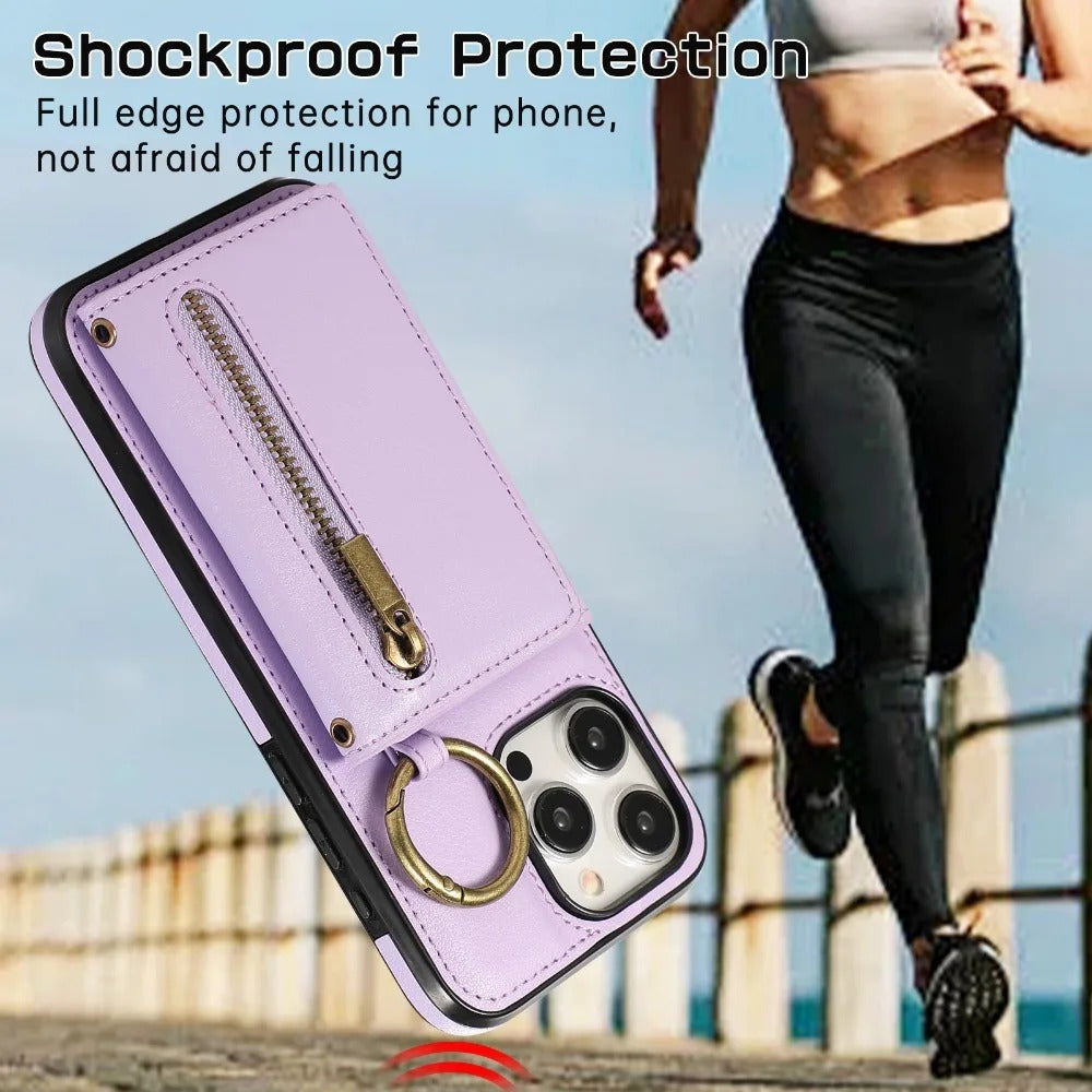 Luxury iPhone Case — PU Leather Crossbody Zipper Wallet Cover with Ring Holder, Card Slot Storage and Anti-Fingerprint Shockproof Protection