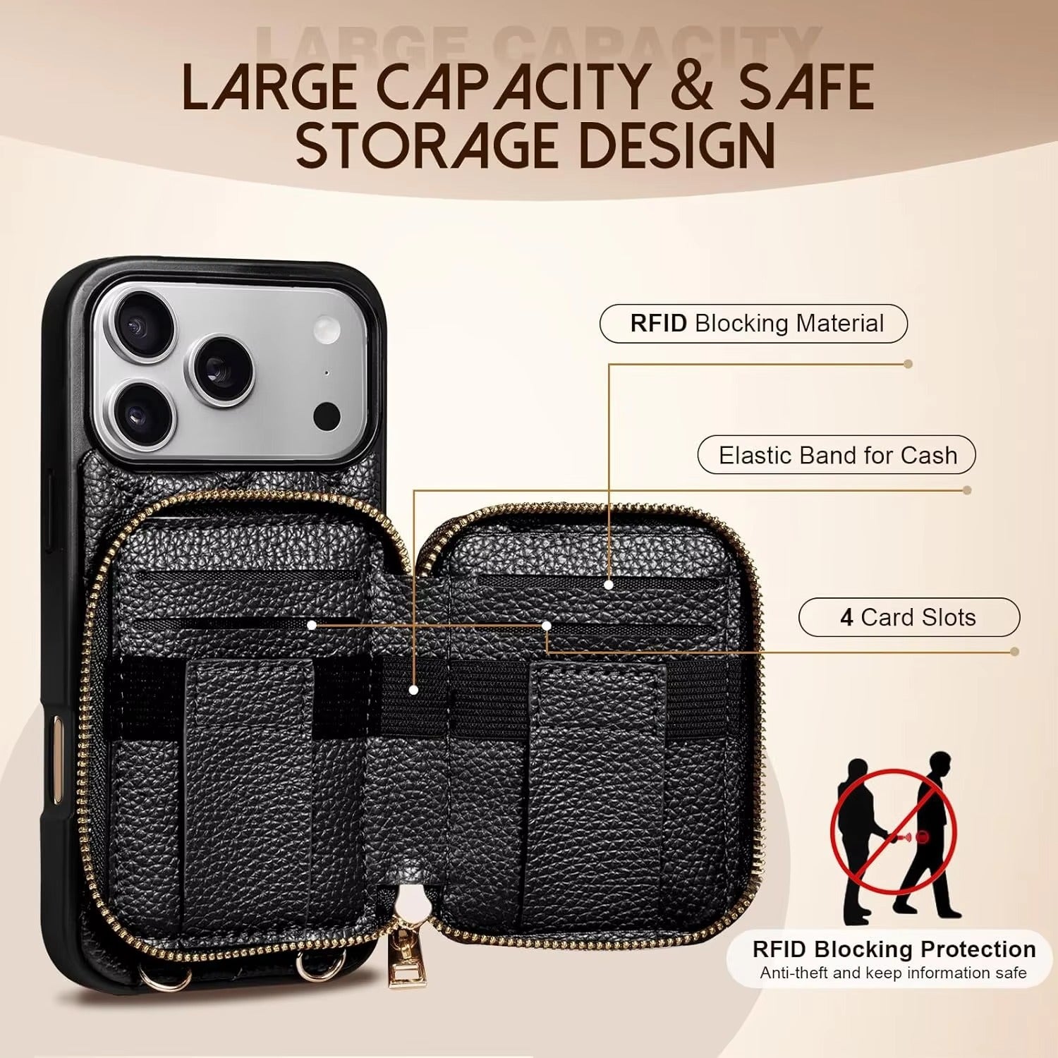 Luxury iPhone Case — RFID-Blocking PU Leather Wallet Cover with Wrist Strap, Crossbody Option and Secure Card Storage for Full Protection