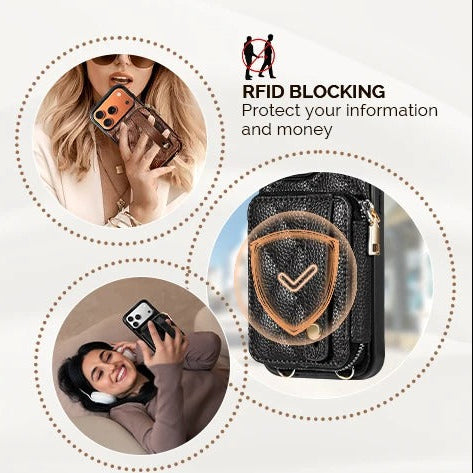 Luxury iPhone Case — RFID-Blocking PU Leather Wallet Cover with Wrist Strap, Crossbody Option and Secure Card Storage for Full Protection