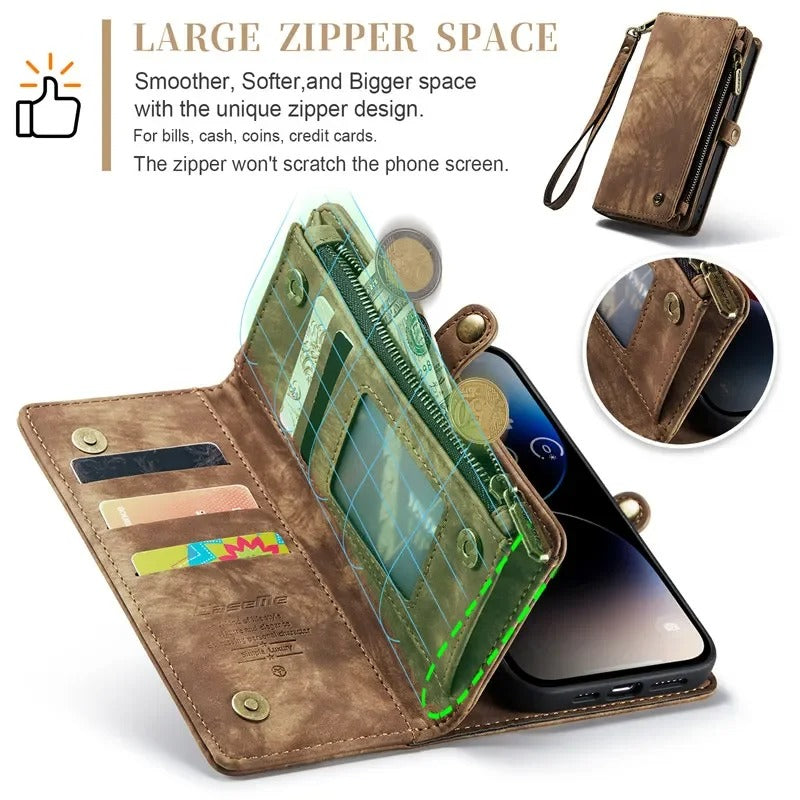 Luxury iPhone Case — Removable Magnetic Wallet Cover with Metal Zipper, 8-Slot Card Purse, Anti-Fingerprint Leather Design and Lanyard Strap
