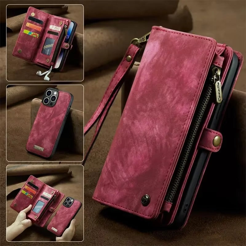 Luxury iPhone Case — Removable Magnetic Wallet Cover with Metal Zipper, 8-Slot Card Purse, Anti-Fingerprint Leather Design and Lanyard Strap