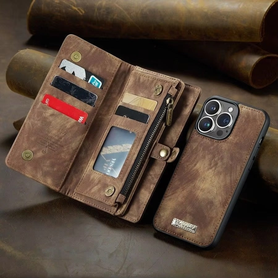 Luxury iPhone Case — Removable Magnetic Wallet Cover with Metal Zipper, 8-Slot Card Purse, Anti-Fingerprint Leather Design and Lanyard Strap