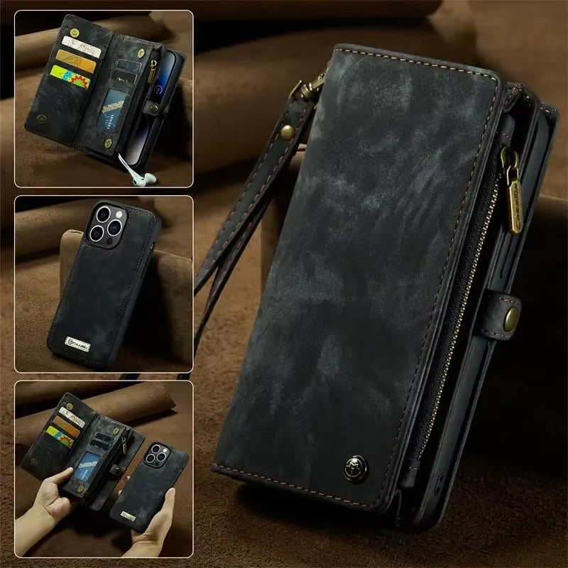 Luxury iPhone Case — Removable Magnetic Wallet Cover with Metal Zipper, 8-Slot Card Purse, Anti-Fingerprint Leather Design and Lanyard Strap