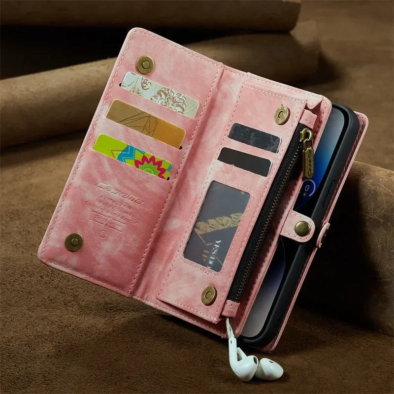 Luxury iPhone Case — Removable Magnetic Wallet Cover with Metal Zipper, 8-Slot Card Purse, Anti-Fingerprint Leather Design and Lanyard Strap