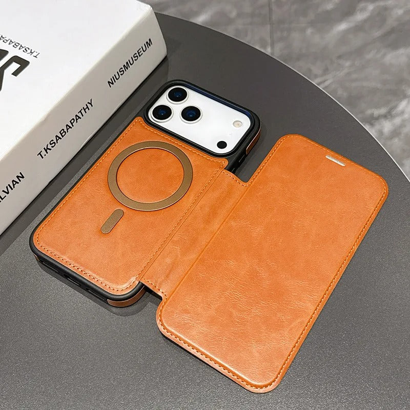 Luxury iPhone Case — Retro Business Flip Leather Cover with Magnetic Charging Support and Card Holder Wallet Design