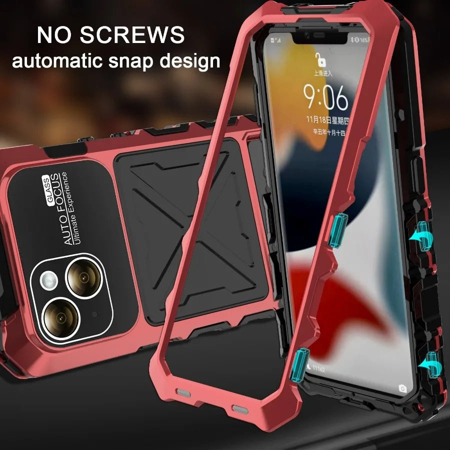 Luxury iPhone Case — Shockproof Metal Bumper Protective Cover with Anti-Fall Silicone Bracket & Rugged Design