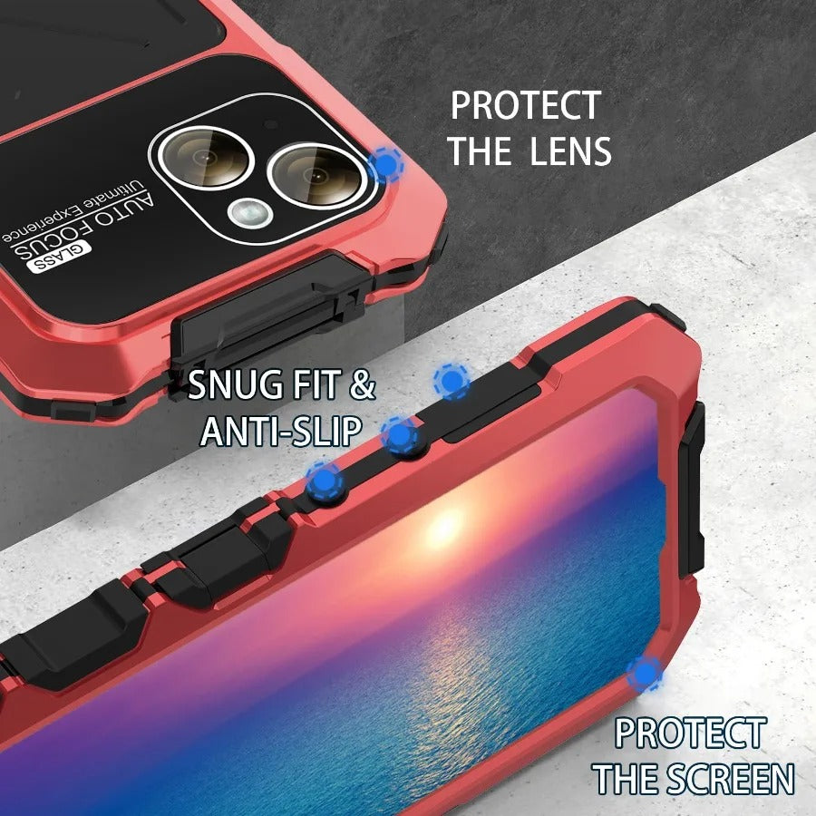Luxury iPhone Case — Shockproof Metal Bumper Protective Cover with Anti-Fall Silicone Bracket & Rugged Design