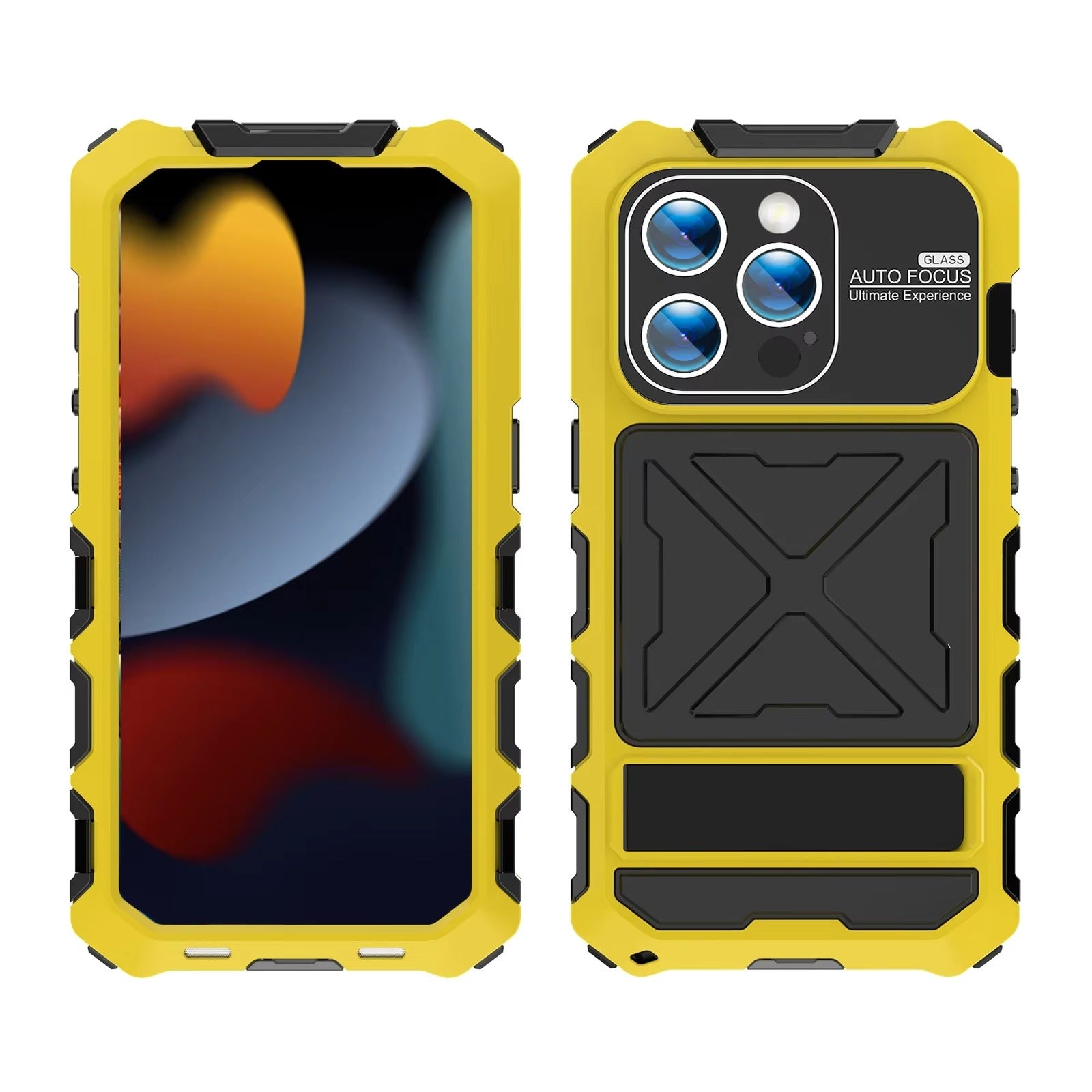 Luxury iPhone Case — Shockproof Metal Bumper Protective Cover with Anti-Fall Silicone Bracket & Rugged Design