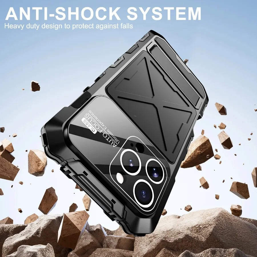 Luxury iPhone Case — Shockproof Metal Bumper Protective Cover with Anti-Fall Silicone Bracket & Rugged Design