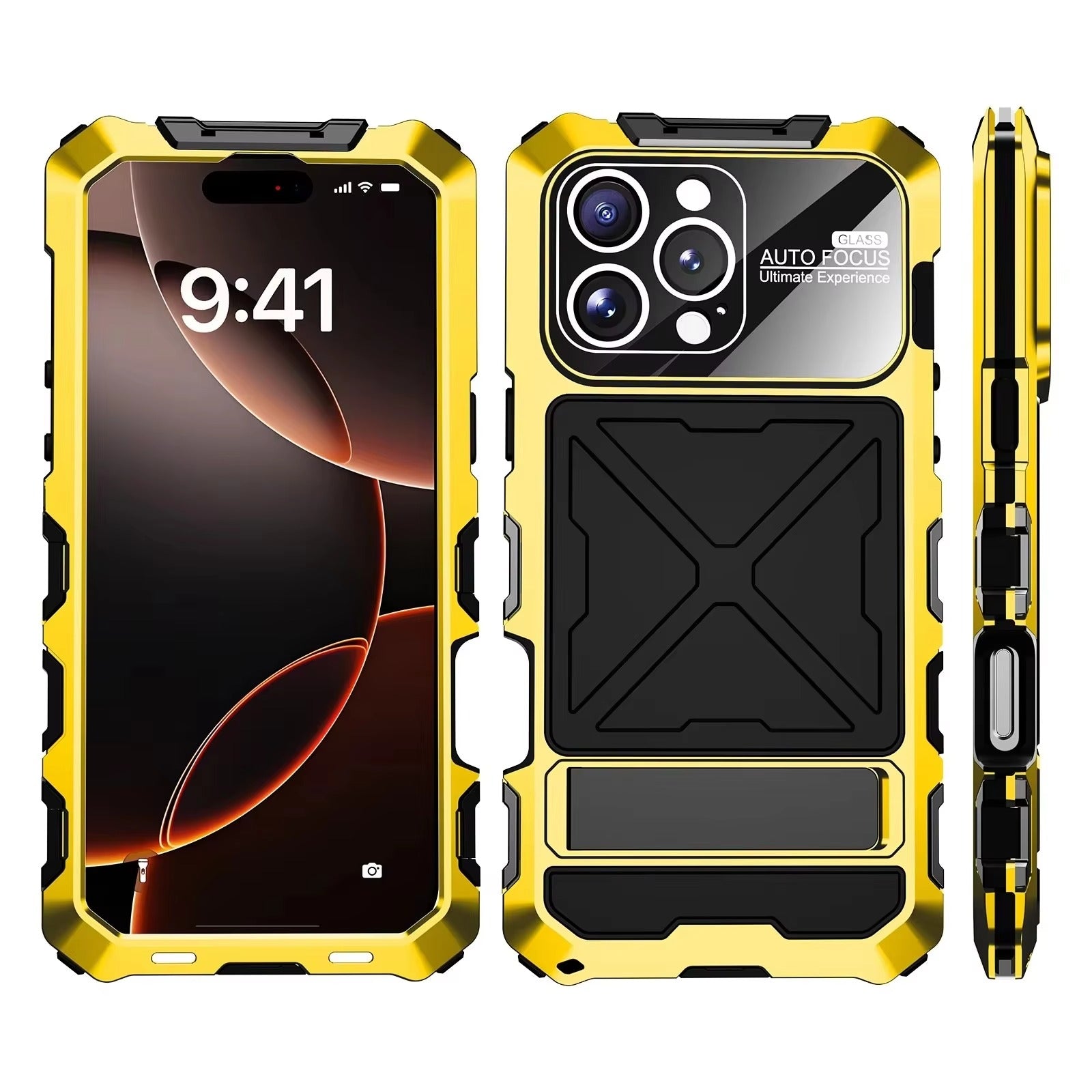 Luxury iPhone Case — Shockproof Metal Bumper Protective Cover with Anti-Fall Silicone Bracket & Rugged Design
