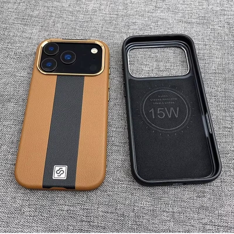Luxury iPhone Case — Splicing Leather MagSafe Magnetic Cover with Shockproof Hard Design, Kickstand Holder and Matte Anti-Fingerprint Finish