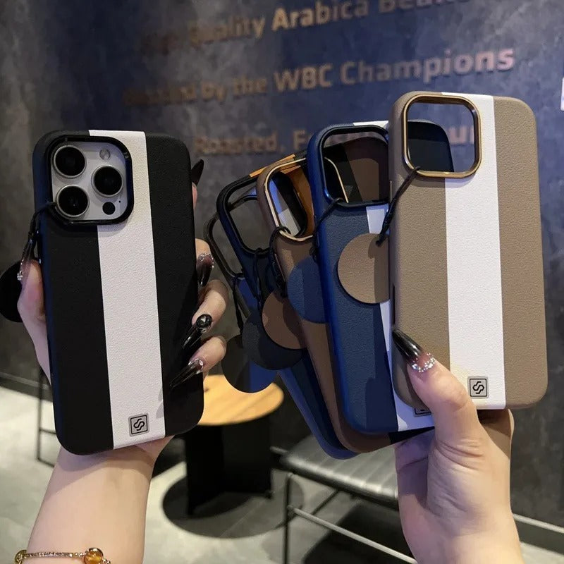 Luxury iPhone Case — Splicing Leather MagSafe Magnetic Cover with Shockproof Hard Design, Kickstand Holder and Matte Anti-Fingerprint Finish