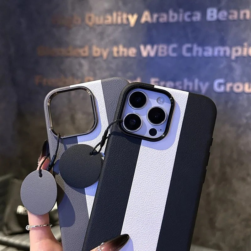 Luxury iPhone Case — Splicing Leather MagSafe Magnetic Cover with Shockproof Hard Design, Kickstand Holder and Matte Anti-Fingerprint Finish