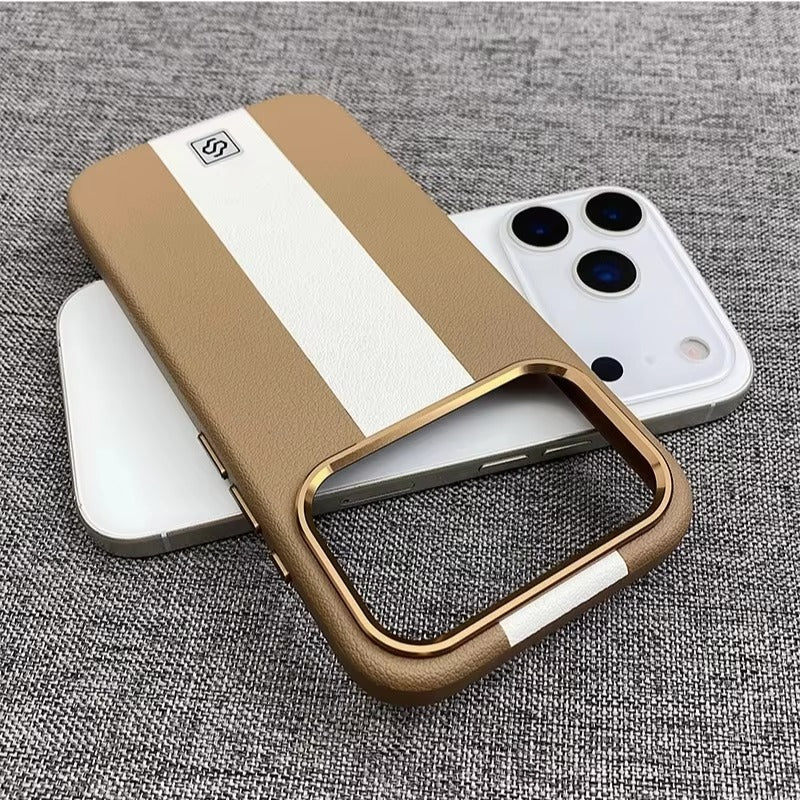 Luxury iPhone Case — Splicing Leather MagSafe Magnetic Cover with Shockproof Hard Design, Kickstand Holder and Matte Anti-Fingerprint Finish