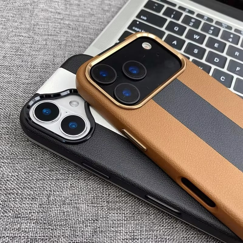 Luxury iPhone Case — Splicing Leather MagSafe Magnetic Cover with Shockproof Hard Design, Kickstand Holder and Matte Anti-Fingerprint Finish