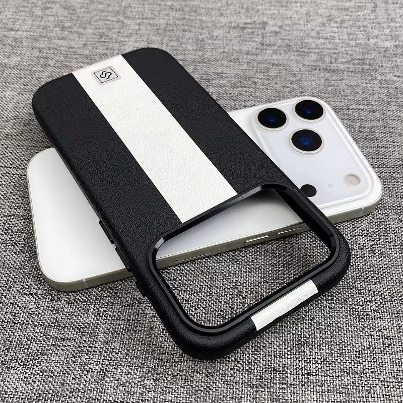 Luxury iPhone Case — Splicing Leather MagSafe Magnetic Cover with Shockproof Hard Design, Kickstand Holder and Matte Anti-Fingerprint Finish