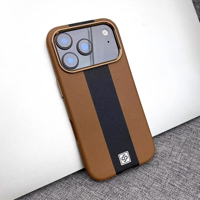 Luxury iPhone Case — Splicing Leather MagSafe Magnetic Cover with Shockproof Hard Design, Kickstand Holder and Matte Anti-Fingerprint Finish