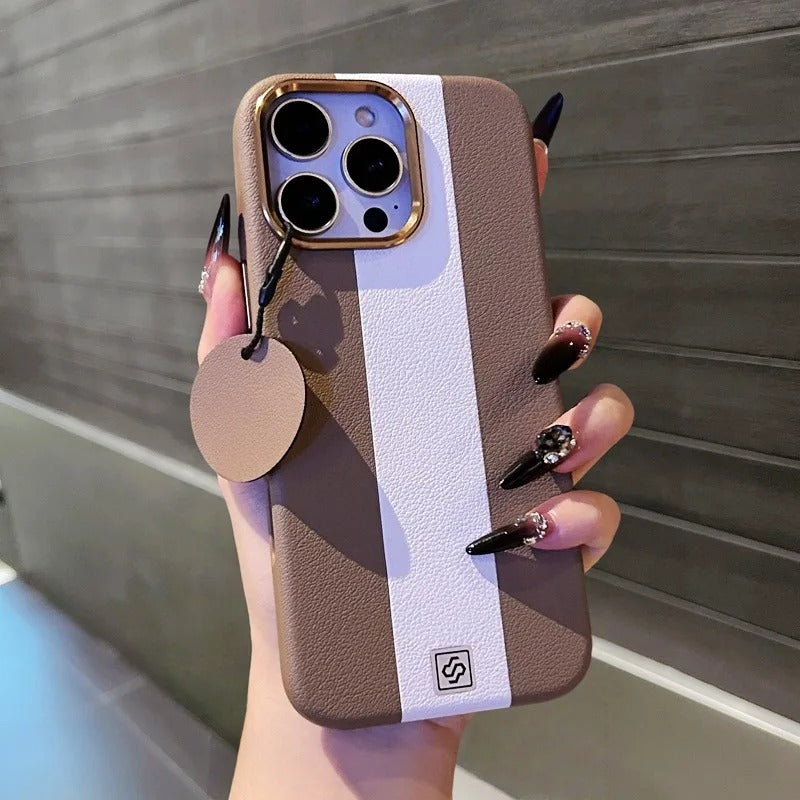 Luxury iPhone Case — Splicing Leather MagSafe Magnetic Cover with Shockproof Hard Design, Kickstand Holder and Matte Anti-Fingerprint Finish