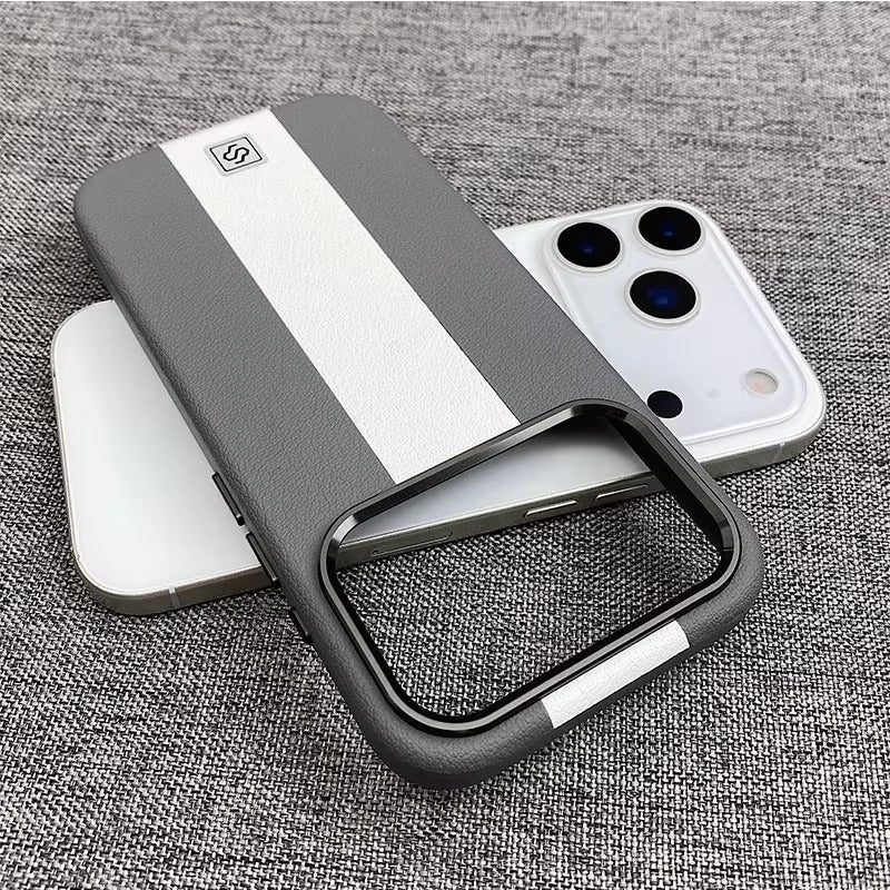 Luxury iPhone Case — Splicing Leather MagSafe Magnetic Cover with Shockproof Hard Design, Kickstand Holder and Matte Anti-Fingerprint Finish