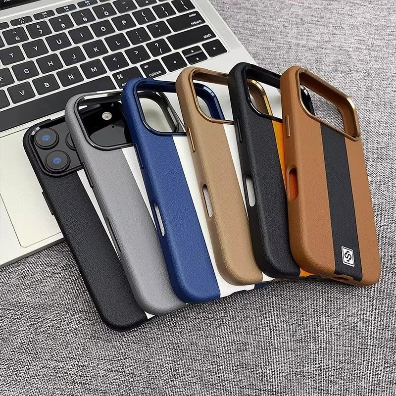 Luxury iPhone Case — Splicing Leather MagSafe Magnetic Cover with Shockproof Hard Design, Kickstand Holder and Matte Anti-Fingerprint Finish