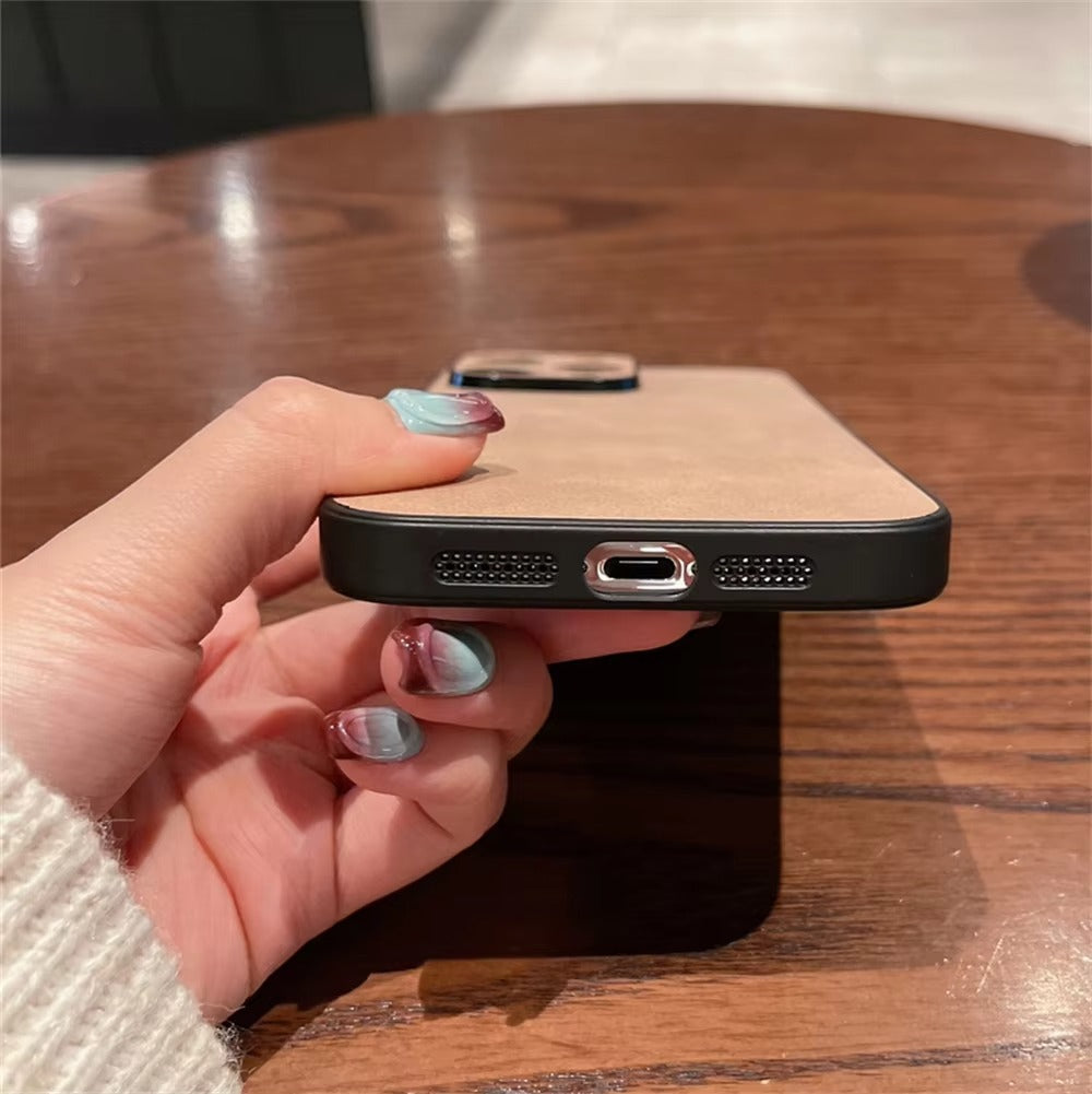 Luxury iPhone Case — Suede Leather Electroplated Ultra-Thin Cover with Soft Silicone Edges, Shockproof Non-Slip Design and Camera Lens Protection