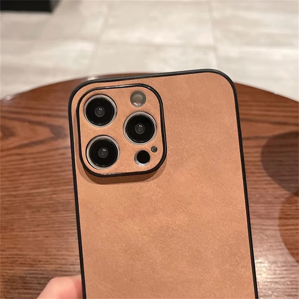 Luxury iPhone Case — Suede Leather Electroplated Ultra-Thin Cover with Soft Silicone Edges, Shockproof Non-Slip Design and Camera Lens Protection