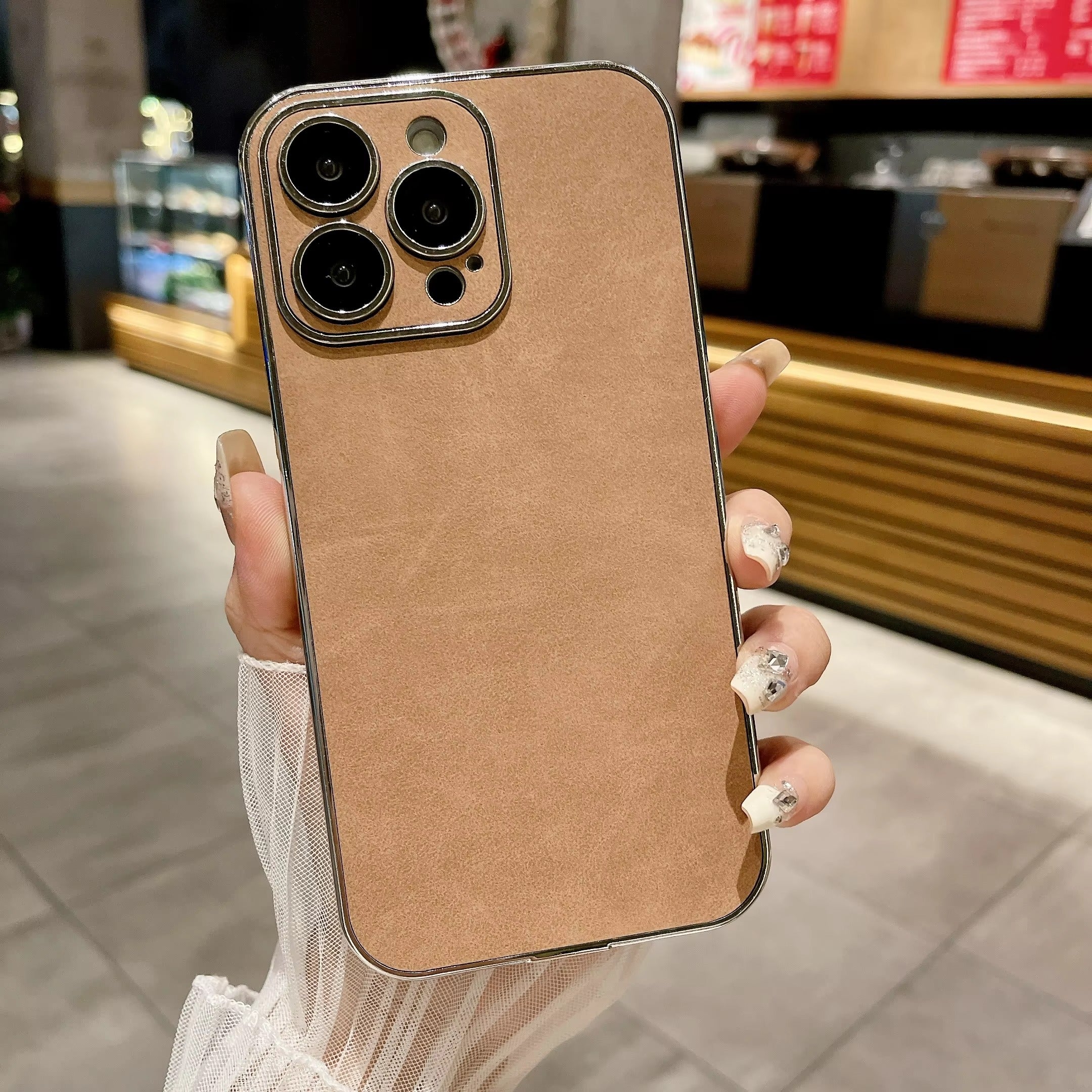 Luxury iPhone Case — Suede Leather Electroplated Ultra-Thin Cover with Soft Silicone Edges, Shockproof Non-Slip Design and Camera Lens Protection
