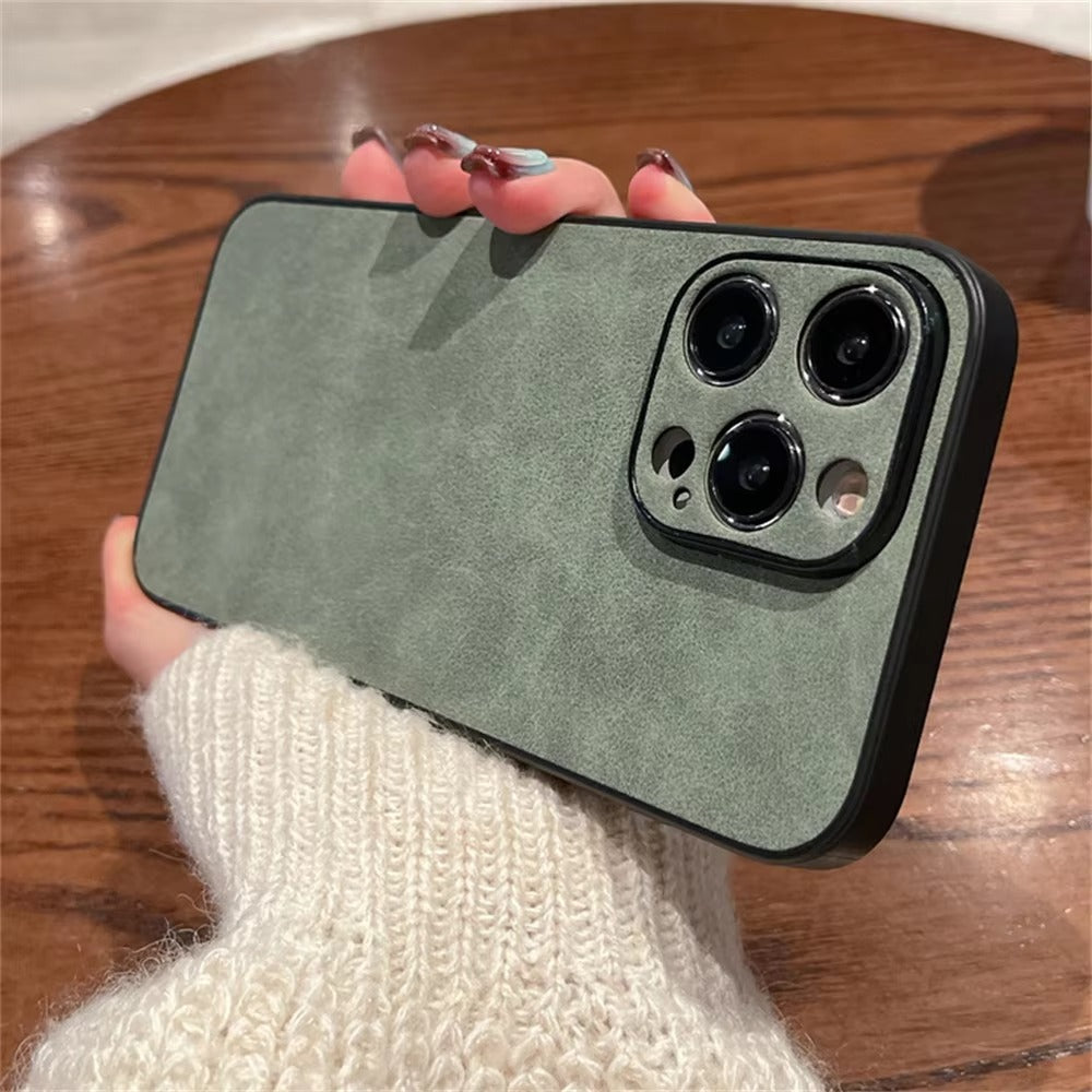Luxury iPhone Case — Suede Leather Electroplated Ultra-Thin Cover with Soft Silicone Edges, Shockproof Non-Slip Design and Camera Lens Protection