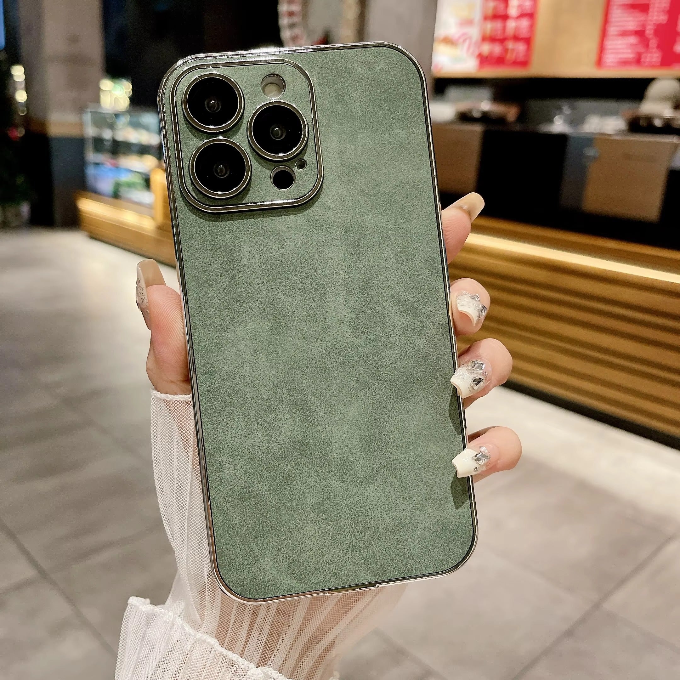 Luxury iPhone Case — Suede Leather Electroplated Ultra-Thin Cover with Soft Silicone Edges, Shockproof Non-Slip Design and Camera Lens Protection