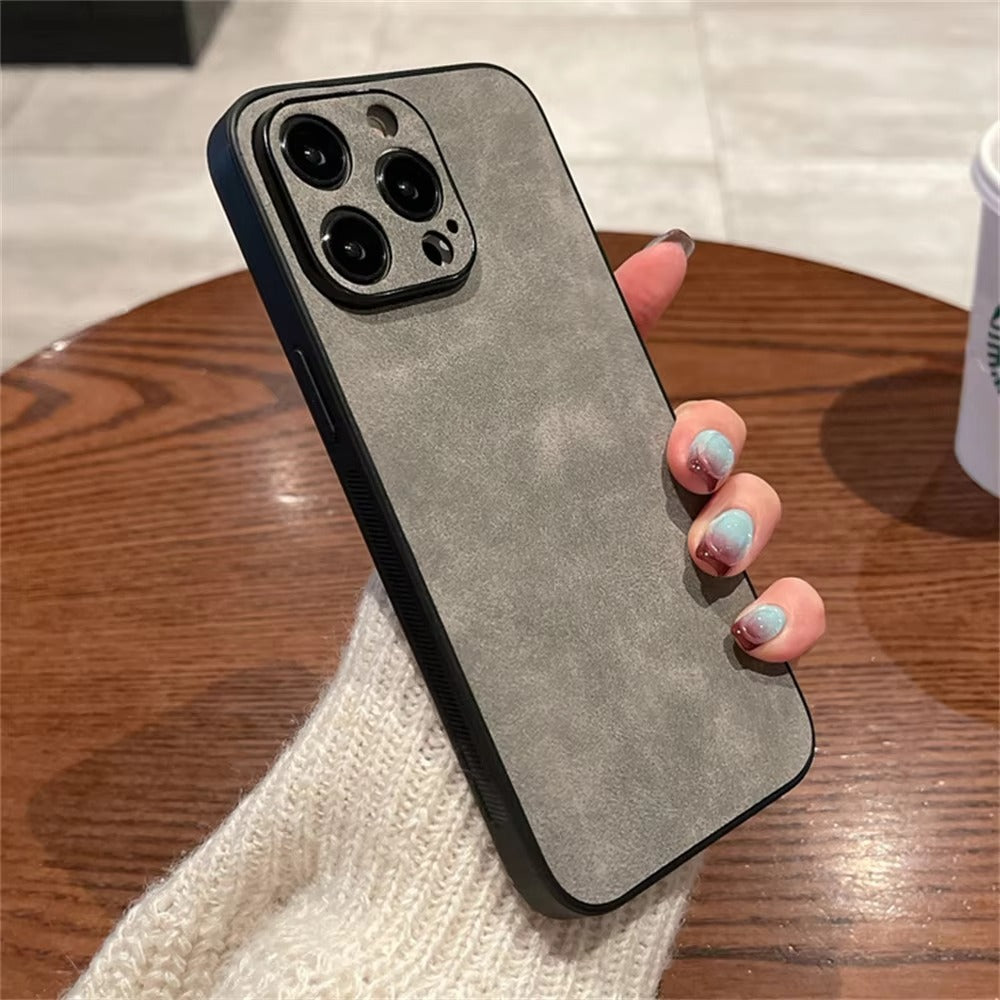 Luxury iPhone Case — Suede Leather Electroplated Ultra-Thin Cover with Soft Silicone Edges, Shockproof Non-Slip Design and Camera Lens Protection