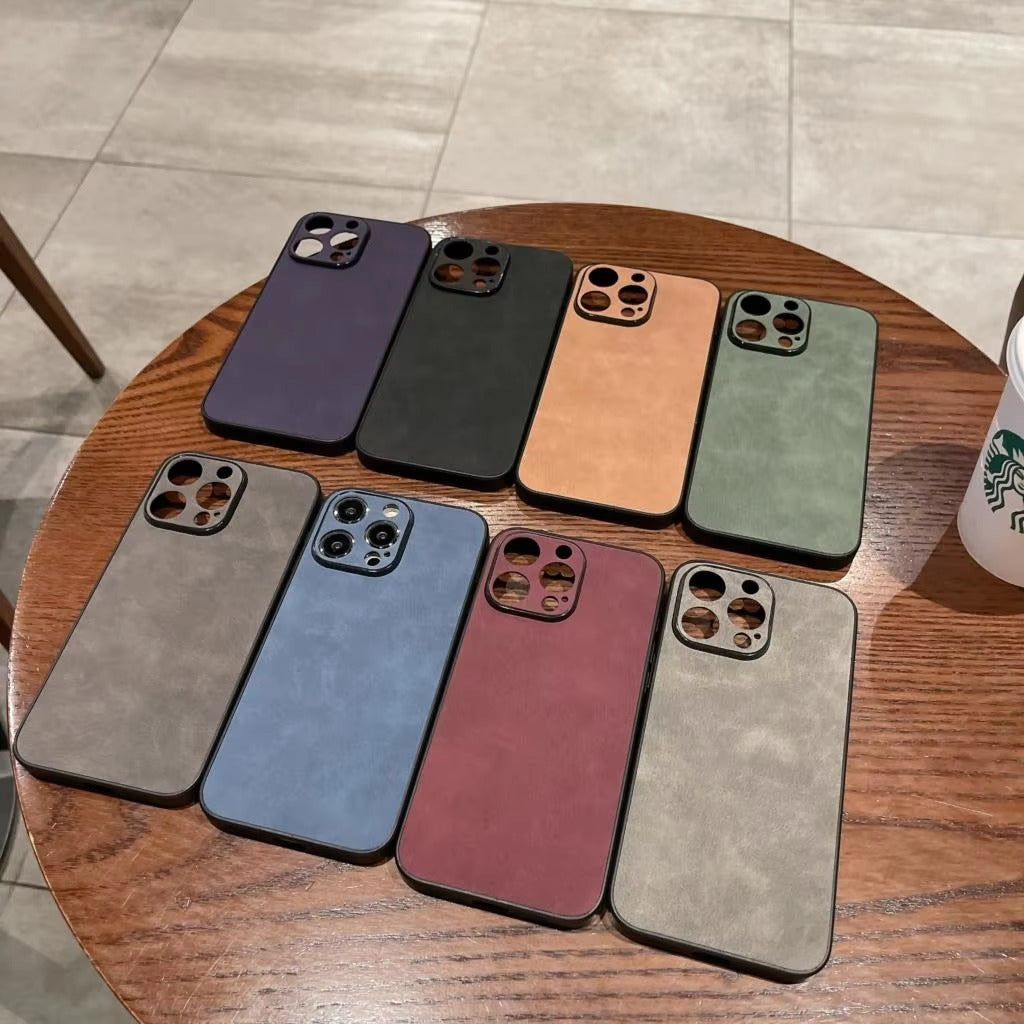 Luxury iPhone Case — Suede Leather Electroplated Ultra-Thin Cover with Soft Silicone Edges, Shockproof Non-Slip Design and Camera Lens Protection