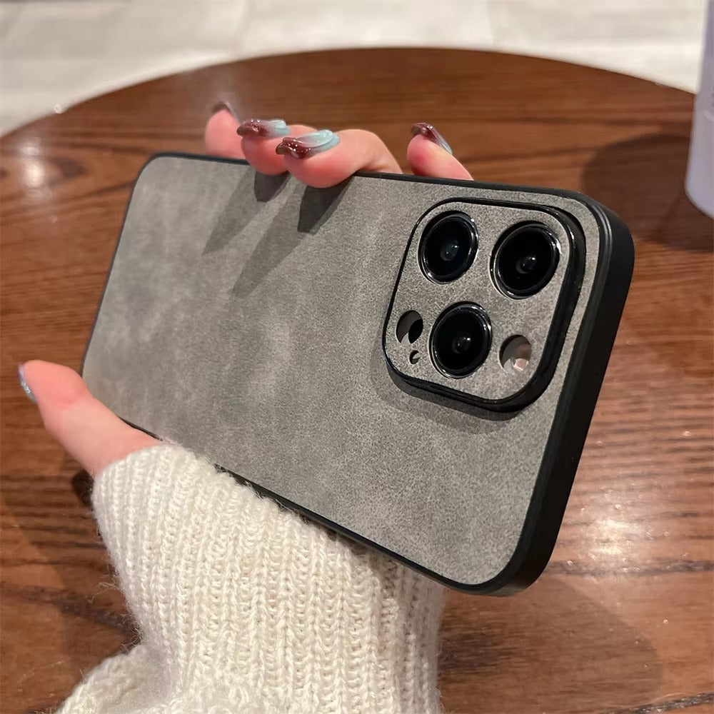 Luxury iPhone Case — Suede Leather Electroplated Ultra-Thin Cover with Soft Silicone Edges, Shockproof Non-Slip Design and Camera Lens Protection